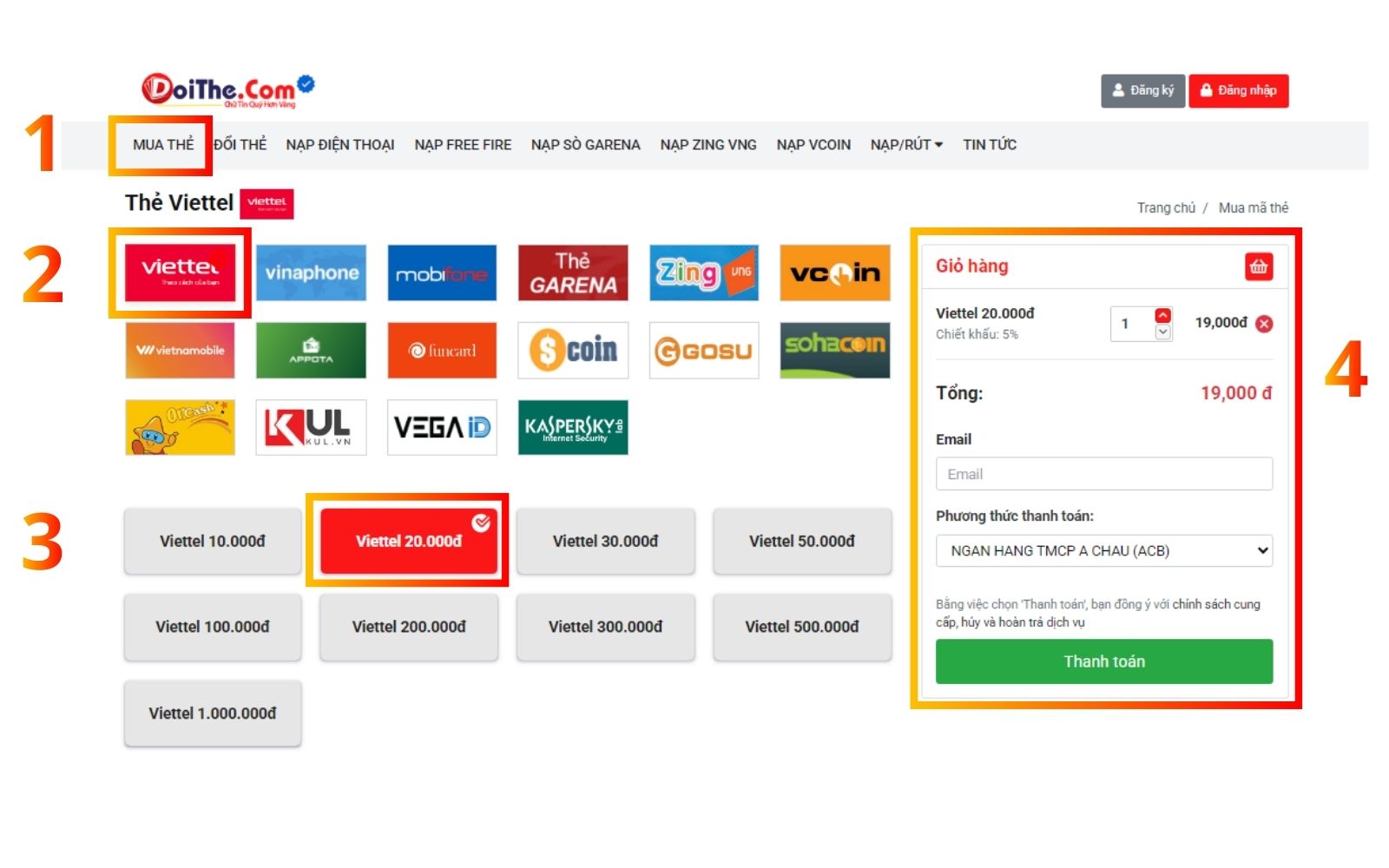 Quy trình mua thẻ điện thoại online tại DOITHE.COM