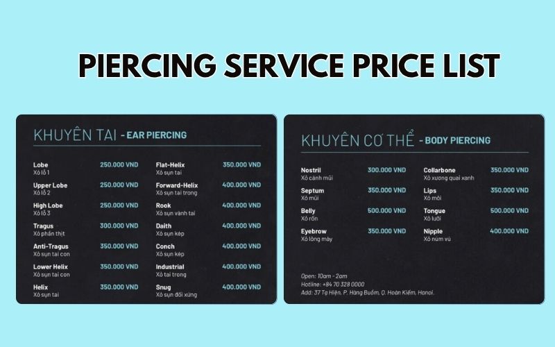 Sutran piercing service price list & booking information