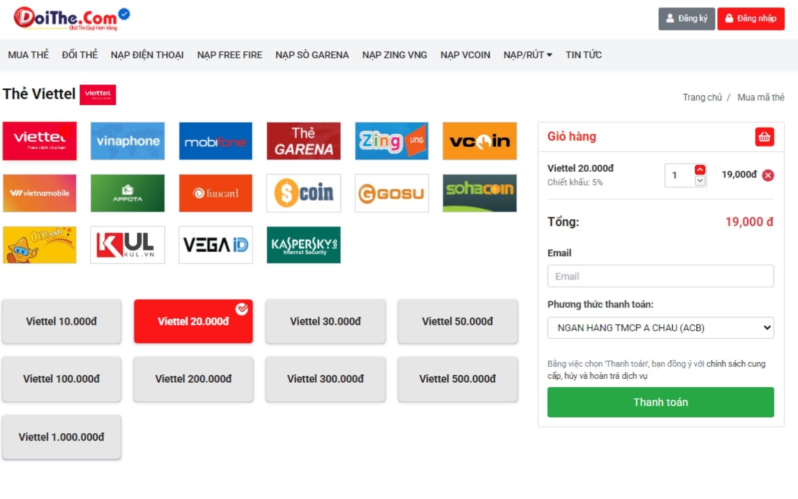 Tỷ lệ chiết khấu mua thẻ điện thoại tại DOITHE.COM